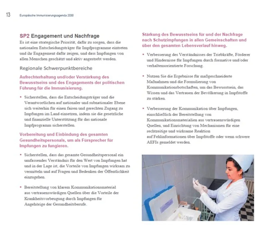  Seite 13 der „Europäischen Immunisierungsagenda 2030“ mit dem Schwerpunkt SP2 „Engagement und Nachfrage“. Der Text beschreibt Maßnahmen zur Stärkung des politischen Engagements für Impfprogramme, zur Einbindung des Gesundheitspersonals als Fürsprecher für Impfungen sowie zur Förderung des Bewusstseins und der Nachfrage nach Schutzimpfungen. Genannt werden unter anderem gezielte Kommunikationsmaßnahmen, vertrauenswürdige Informationsquellen und die Bekämpfung von Fehlinformationen. Unten rechts ist eine medizinische Fachkraft in weißer Kleidung abgebildet, die eine Spritze vorbereitet.